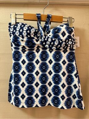 Skye Blue White Geometric Tankini Swim Top Halter Tummy Control Small
